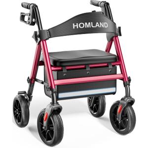 HOMLAND Rollator Walker for Seniors with Seat, Foldable Lightweight Aluminum Rolling Walker with 8" All-Terrain Wheels, Adjustable Height, Storage Bag & Hand Brakes, Ergonomic Indoor Outdoor Aid