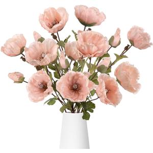 6Pcs Fake Poppy Artificial Flowers Pink Faux Silk Spring Flowers with Long Stems for Bridal Wedding Bouquets Floral Arrangements Centerpiece Table Home Party Decorations (Pink)