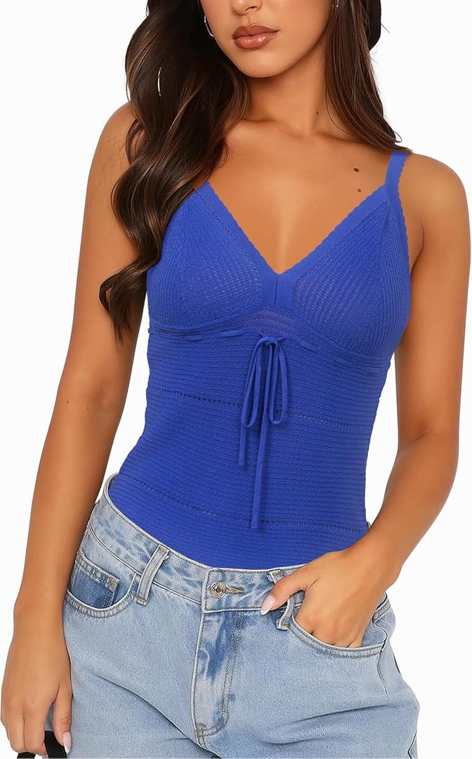 Arach&Cloz 2025 Women's Summer Boho Cami Tops V Neck Crochet Sleeveless Cute Tank Going Out Outfits Beach Vacation Clothes (Blue, S)