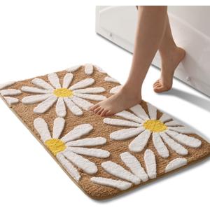 QJHOMO Brown Bathroom Rugs Cute Daisy Bath Mat White and Yellow Flower Decor Rug Non Slip Floor Carpet Microfiber Bathmat Super Absorbent Machine Washable Bathtub Mats for Shower (16x24 inch)