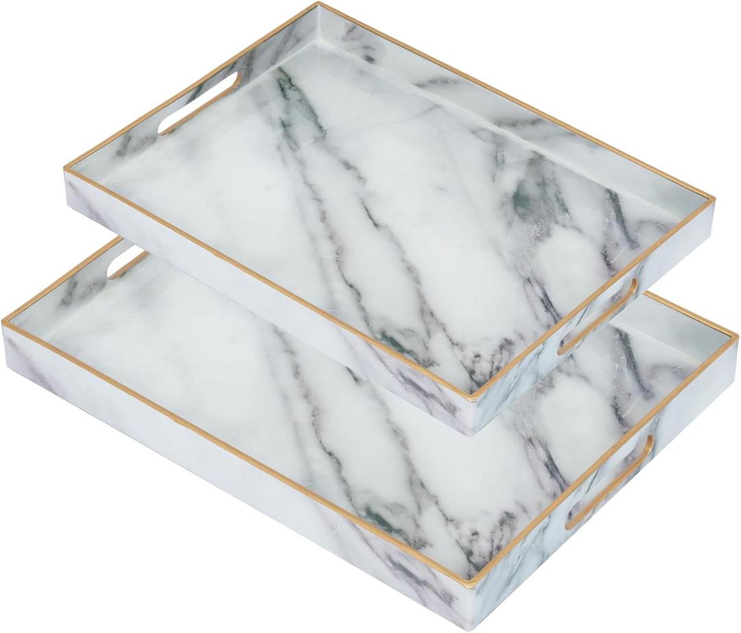 Serving Tray, Set of 2 Plastic Marble Coffee Table Tray 18.9"x13.7"x1.6"/15.7"x11.8"x1.6" Food Trays for Eating on Lap Coffee Tray with Handles Rectangular Decorative Trays,Tea Trays for Serving