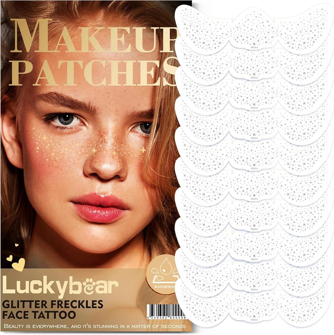 2 x Face Glitter Freckles, Silver Tattoo Makeup Patches, Stardust Speckles Sparkle Beauty Waterproof Fake Freckle for Holiday Dance Music Party Makeup - 10 Count