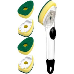 Heavy Duty Dishwand with Refills, Dish Wand Replacement Sponge Heads with Handle, Soap Control Dispenser Leak-Free Scrub, Non-Scratch Advanced Scrubber Brush Pads for Cleaning Dishes Sink Washing Tool