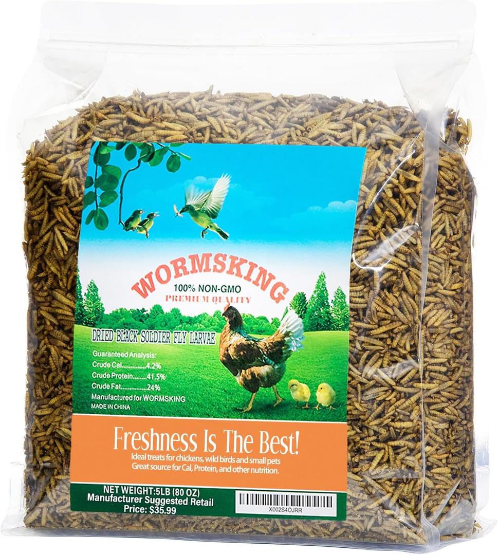 WORMSKING 5LB Dried Black Soldier Fly Larvae, More Calcium Than Dried Mealworms, High Protein Chicken Feed,Duck Food, BSFL, Duck Treats