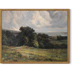 SHENIFY Vintage Landscape Framed Wall Art Rustic Countryside Meadow Farmhouse Decor Retro Vast Grassland Painting for Kitchen Living Room Bedroom Bathroom - 11x14in Natural Framed (Brown)