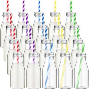 Yinkin 20 Set Plastic Milk Bottles with Straws Metal Lids Clear Plastic Containers for Dairy Milk Party Bottle for Juices Shakes Smoothies Summer Color) (8 oz)