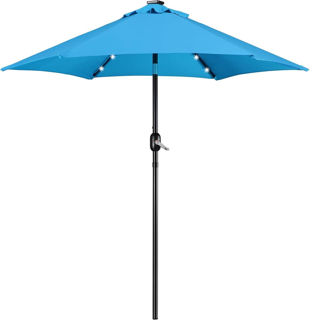Yaheetech 7.5FT Solar Umbrella LED Lighted Patio Umbrella Waterproof & UV Protection, Market Sunshade w/Tilt and Crank for Backyard, Deck and Pool, Sky Blue