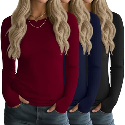 Sweetyweee 3 Pack Women's Long Sleeve Shirts Slim Fit Thumb Hole Shirt Crew Neck Casual Basic Tee Going Out Top Stretch Layer(Black, Navy Blue, Wine Red,Small)