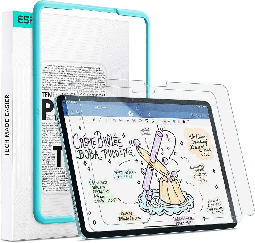 ESR 2 Pack Paper-Feel Screen Protector for iPad Air 11 Inch M4/M3/M2 (2026/2025/2024, 8th/7th/6th Gen), Write and Draw Like on Paper, 9H Tempered Glass, Matte Anti-Glare with Alignment Frame