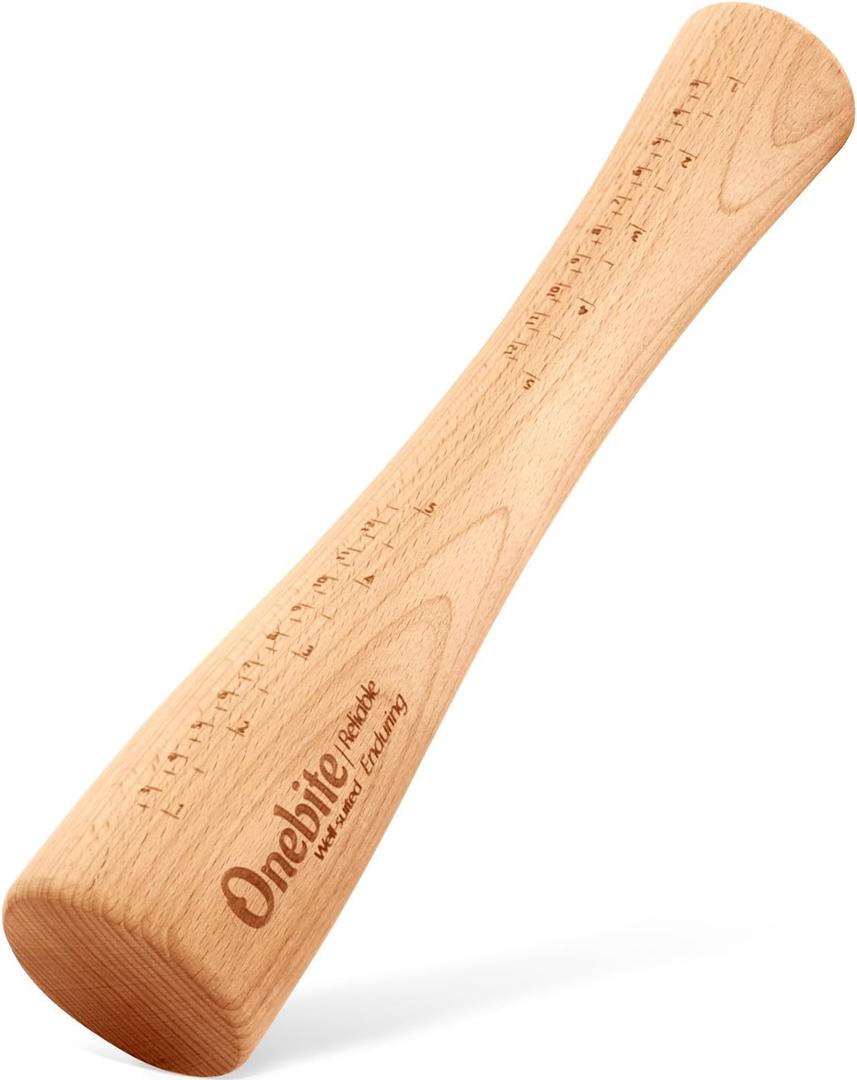 Onebite Sauerkraut Pounder for Mason Jars, Vegetable Fermentation Tamper for Sauerkraut Crocks with Scale Marks - 12" One Piece of Solid Wood, Classic Flat Base