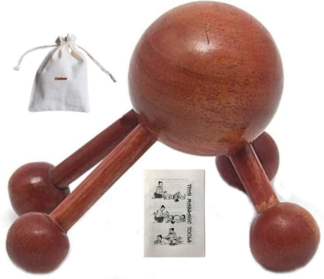 Cozinest 4 Legs Ball Spider Massager Handheld Stick for Shoulder, Back & Full Body Thai Wooden Trigger Point Reflexology Massage Tool w/Cloth Bag and Massage Manual