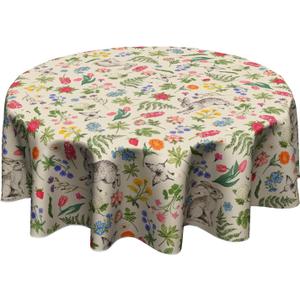 Giwawa Spring Easter Round Tablecloth 60 Inch Rabbit Bunny Flower Sage Green Leaves Vintage Botanical Plants Easter Themed Print Table Cloth for Holiday Kitchen Party Dinner Decoration