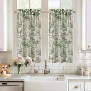 DriftAway Kitchen Curtains Toile Tier Linen Short Curtains Cafe 45 Inch Length for Living Room Bathroom Farmhouse French Country Vintage Printed Pattern Rod Pocket 2 Panels Loden Green