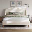 Merax Queen Size Upholstered Platform Bed, Boucle Fabric and Wingback Headboard, Rounded Corners, White