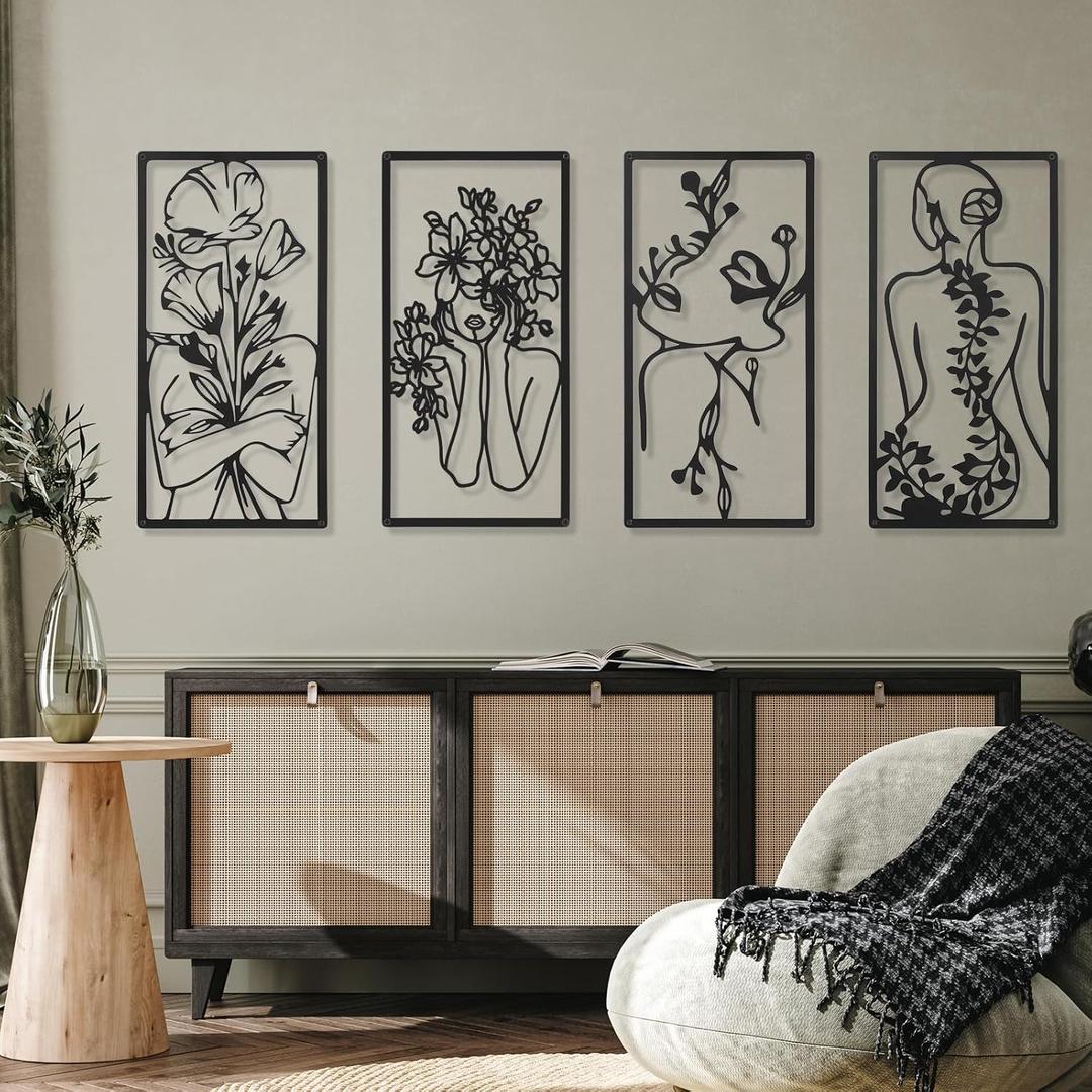 4 Pcs Metal Wall Art Decor Minimalist Abstract Woman Wall Art Line Drawing metal line art Home Hanging Art Decor for Bedroom Kitchen Bathroom Living Room, (Fresh, Black)