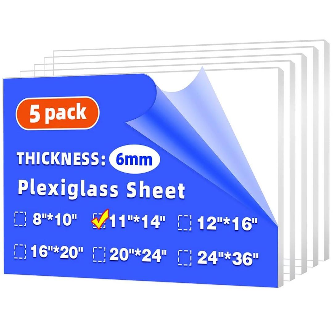(5 Pack) 11" x 14" Plexiglass Sheets 1/4 inch Thick (6mm), Clear Acrylic Sheets Panel Cut to Size Plexiglass Acrylic Board, Cut with Engraver, Power Saw or Hand Tools, No Laser Cut.