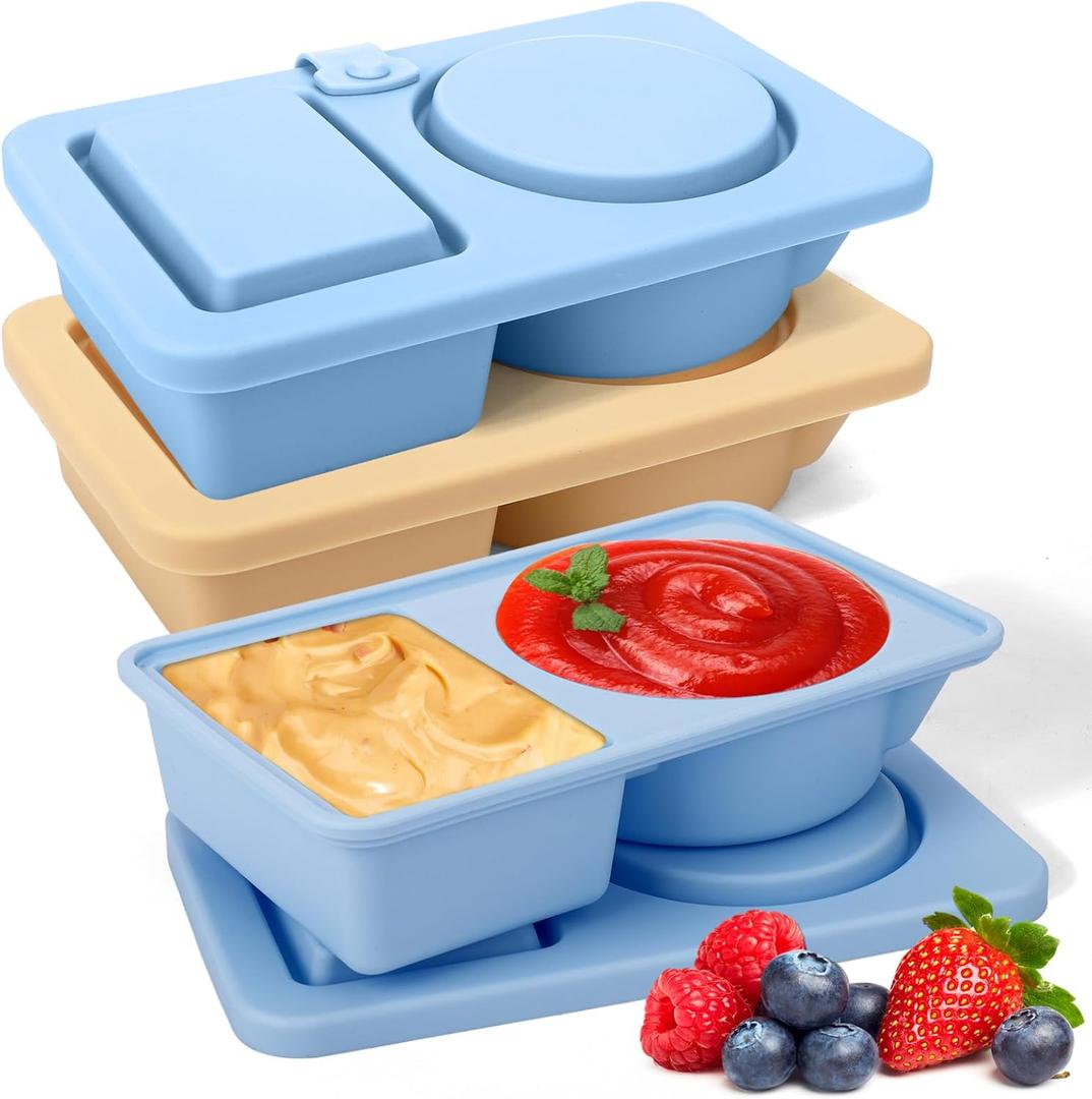 AIERSA Reusable Snack Containers with Lids, 3 Pack Silicone three/2 Compartment Snack Box Container, Divided Grab and Go Snack Container for Take-out Condiments, Sauce