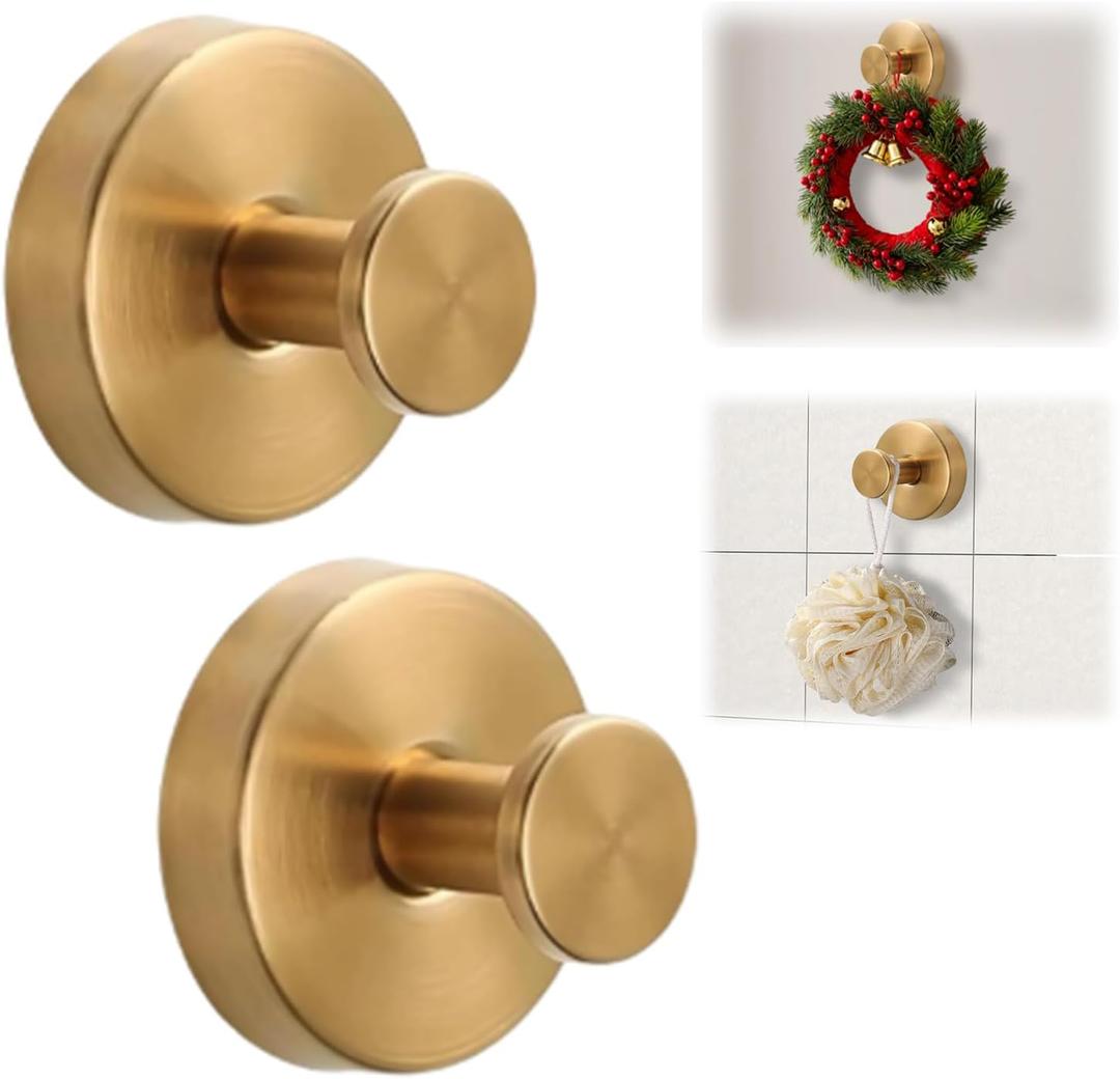 Suction Cup Hooks for Shower, No-Drill Suction Cup Hooks,Bathroom Towel Holder,Metal Towel Hooks for Showers Bathrooms Mirrors,Tile,Glass,Hanging Towels Robes (2Pcs Gold)