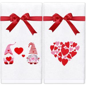 Whaline 2Pcs Valentine Hand Towels Cotton Embroidered Gnome Heart Bathroom Towel with Ribbon Decorative Kitchen Dish Towels for Drying Cleaning Cooking, 29.5 x 13.7 Inch