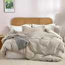JELLYMONI 100% Washed Cotton 3 Pieces Cream Grey Duvet Cover Queen Size - Linen Like Textured Breathable Comforter Cover with Pillow Shams (Cream Grey, 90"x90")