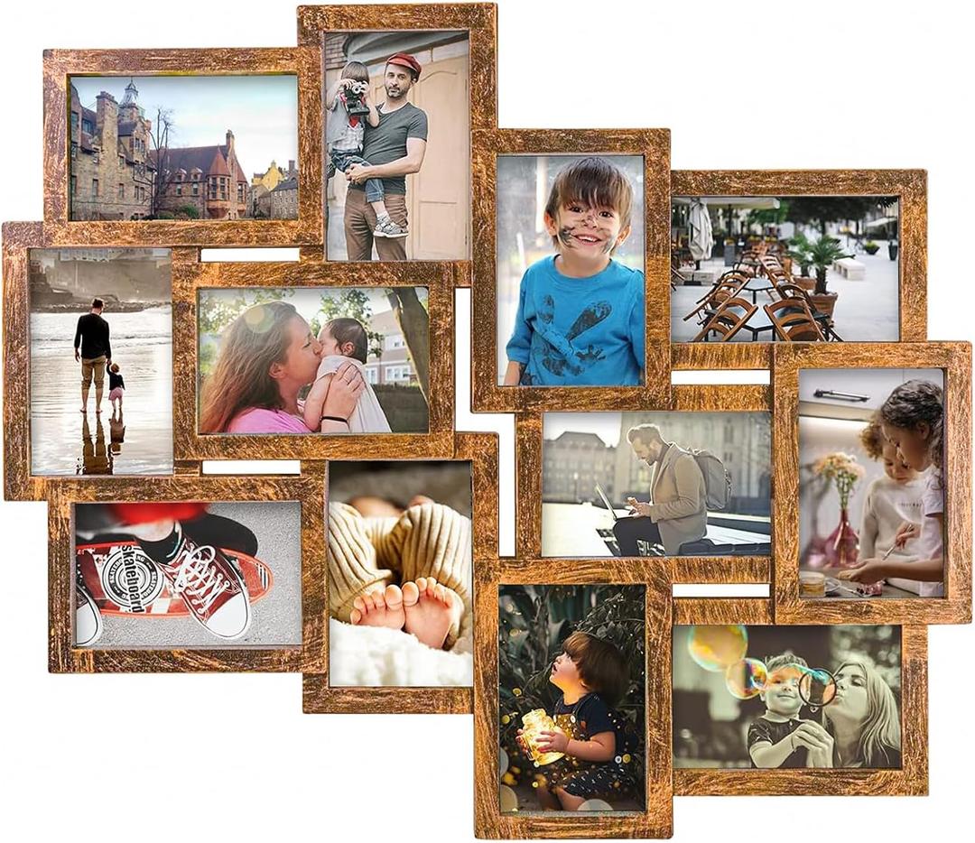 J.M.Deco Picture Frames Collage 12-Opening Reunion Friends Family Memory Photo Frames for Wall Decor Photo Frame Selfie Gallery Puzzle Collage Wall Hanging for 4x6 Photo, Brown