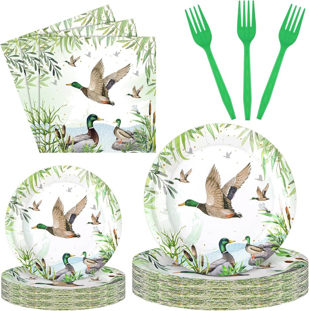 Sunnyray 96 Pcs Mallard Duck Party Decorations Supplies Duck Hunting Birthday Party Tableware Set Mallard Baby Shower Plates Napkins Forks for 24 Guests