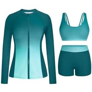 Holipick Long Sleeve Swimsuits for Women - 3 Piece Rash Guard with Shorts Zipper SPF Swim Shirt with Built in Bra M