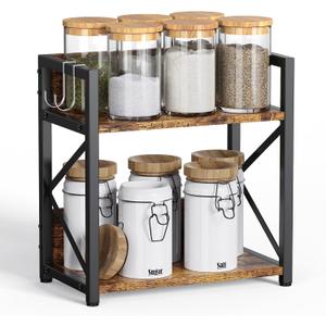RUILALIFE Spice-Rack-Organizer-Shelf for Kitchen Counter, 2 Tiers Coffee Bar Station Organizer for Countertop, Space Saving Desk Shelving Riser Unit (Rustic Brown, Small)