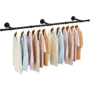IBUYKE Industrial Pipe Clothes Rack, 61.4 Inch Wall Mounted Clothing Rack, Space-Saving Hanging Closet Rod, Heavy Duty Multi-Purpose Garment Rack for Closet and Laundry Room, Black TYJ007H