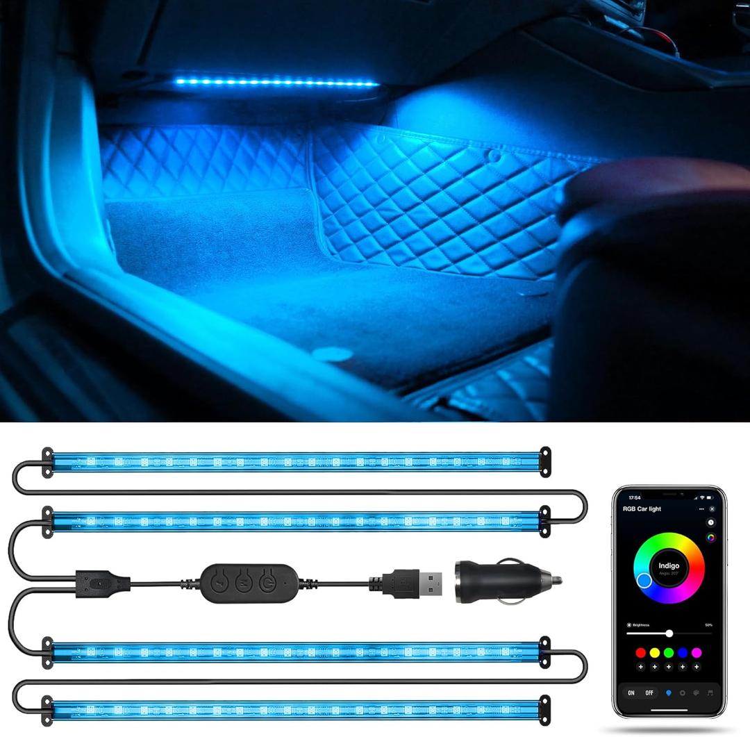 Car RGB LED Lights, Smart 48 LED Car Interior Light with APP Control, Under Dash Car Strip Lights, Music Mode, DIY Mode, 2 Lines Design Light with Charger, Ambient Lighting for Cars SUVs Trucks