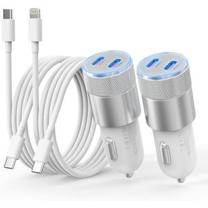 iPhone Car Charger Fast Charging, [Apple MFi Certified] 60W Dual USB-C Power Cigarette Lighter Car Charger+Type-C Cable&Lightning Cable for iPhone 16 15 14 13 12 Pro Plus XS XR iPad, Samsung, Carplay (Sliver)