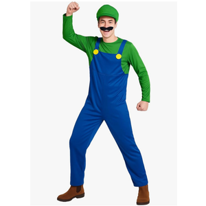 Dixworldmoon Super Brothers Costume For Adult Plumber Halloween Outfit Cosplay With Beards Hat And Gloves Green Small