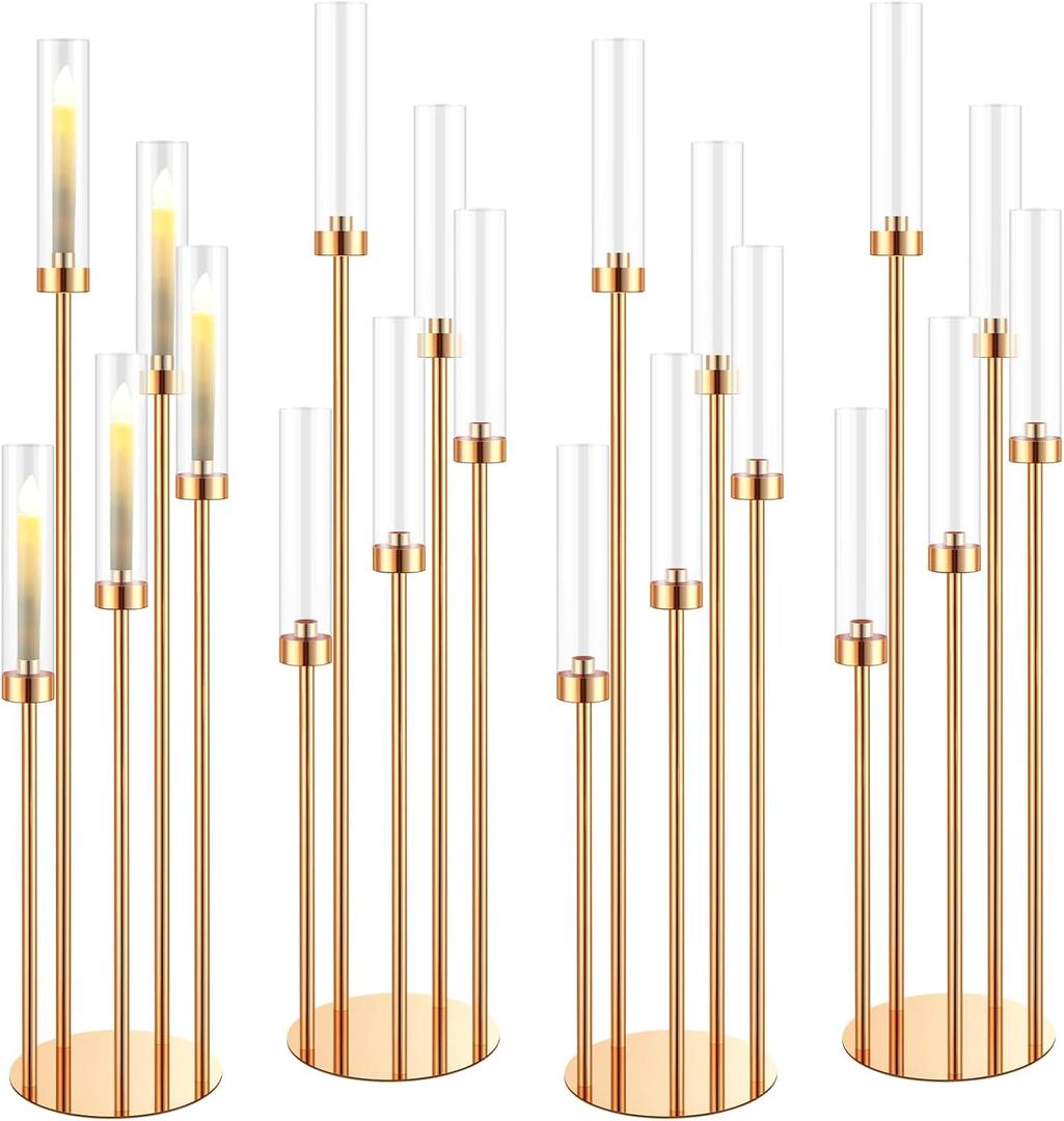 Tessco for you 5 Arm Candelabra Centerpieces for Tables 42.5'' Tall Floor Candle Holder Metal Candlestick Stand with Acrylic Lampshade for Wedding Holiday Birthday Party Decor(Gold,4 Set)