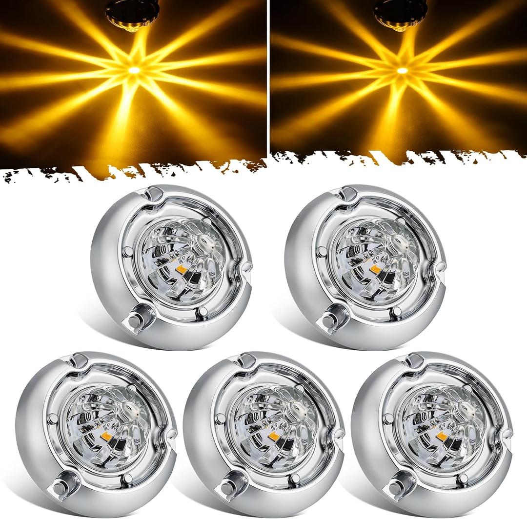 Partsam 5Pcs 1.5 inch Mini Glass Lens Watermelon Lights [Patent Pending], Amber LED Marker Clearance Light Turn Signal for Semi Truck Trailer RV, Compatible with Freightliner Kenworth Peterbilt