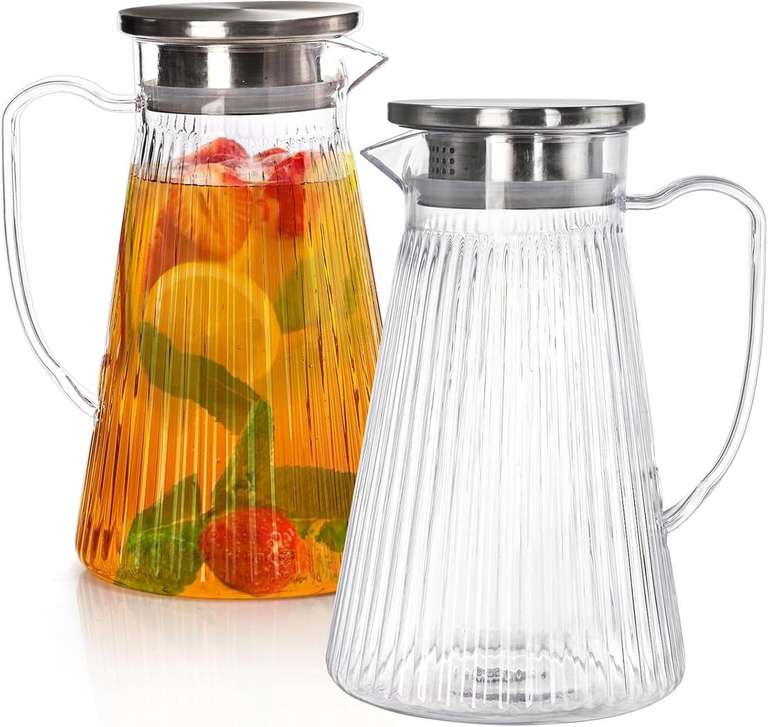 2 Pack Plastic Pitcher with Lid, 50 Oz Clear Water Pitchers, Unbreakable Tea Pitcher with Handle, BPA-Free Fridge Water Jug Container for Lemonade Juice Milk Tea Hot Cold Drinks, Easy to Clean