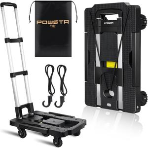 POWSTR Folding Hand Truck,Moving Dolly with 5 Wheels,Lightweight Trolly Cart 2 Built-in Fixed Elastic Cords,Collapsible Dolly for Moving Travel Shopping Airport Office