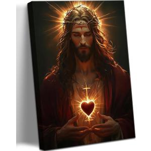 Framed Sacred Heart of Jesus Wall Art - Divine Mercy Canvas Painting, Christ Jesus Portrait Christian Wall Decor, Catholic Religious Artwork for Living Room Bedroom Prayer Room, 16x24in