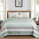 DJY Striped Quilt Set King Size, Sage Green Boho Bedspread Set 3 Pieces Patchwork Coverlet Bedding Set Lightweight Soft Microfiber for All Season (104"x90") (Aqua)