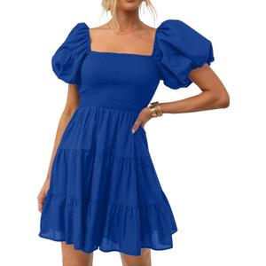 ZESICA Women's 2024 Boho Summer Square Neck Puff Sleeve Off Shoulder Smocked Tiered Casual A Line Short Mini Dress, RoyalBlue, Small
