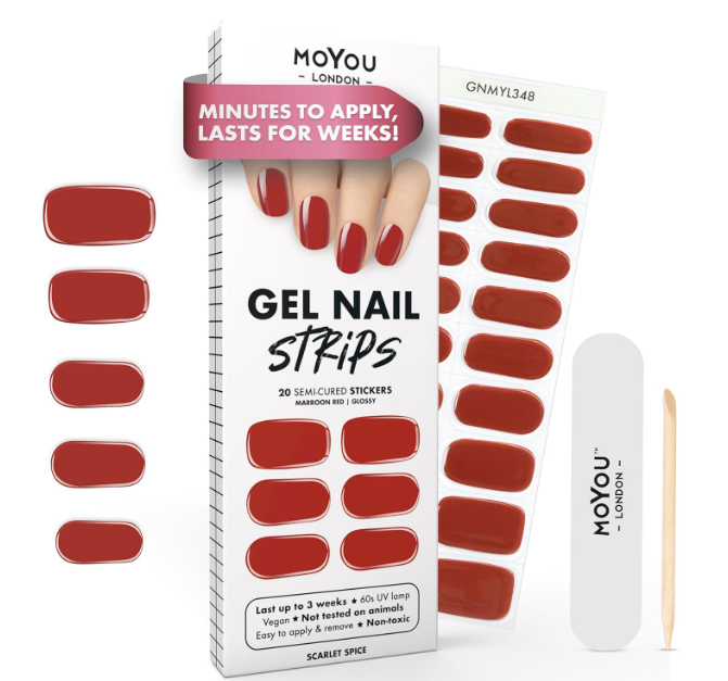 MOYOU LONDON Semi Cured Gel Nail Strips - 20 Pcs. Waterproof Gel Nail Wraps, Cures in Sunlight or UV/LED Lamp, Lasts Up to 2+ Weeks, Stretchable, Easy to Apply & Remove, Vegan & Cruelty-Free