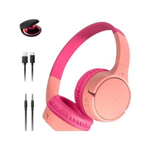 Belkin SoundForm Mini w/Case - Wireless Bluetooth Kids Headphones with 30H Battery Life, 85dB Safe Volume Limit, Built-in Microphone - Kids On-Ear Earphones for iPhone, iPad, & More - Pink