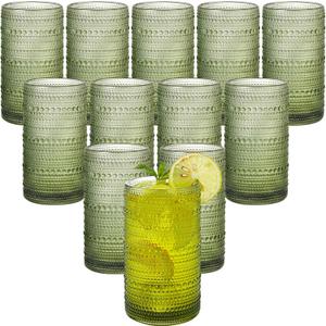 16oz Green Hobnail Drinking Glasses with Straws Set of 12, Highball Glasses Cups, Kitchen Water Glasses Cup, for Cocktail, Juice, Whiskey, Milk and Various Mixed Drinks