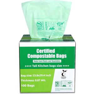 Primode Compostable Bags 13 Gallon, Tall Kitchen Trash Bags, 100 Count, Extra Thick 0.87 Mil. ASTMD6400 Food Scrap Yard Waste Compost Bags, Certified by BPI and TV AUSTRIA