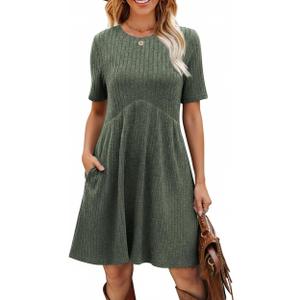 Ulovmi Women's Summer Casual Flowy A-Line Dresses Short Sleeve Ribbed Knit Swing Dress T-Shirt Sundress with Pockets (Green, M)