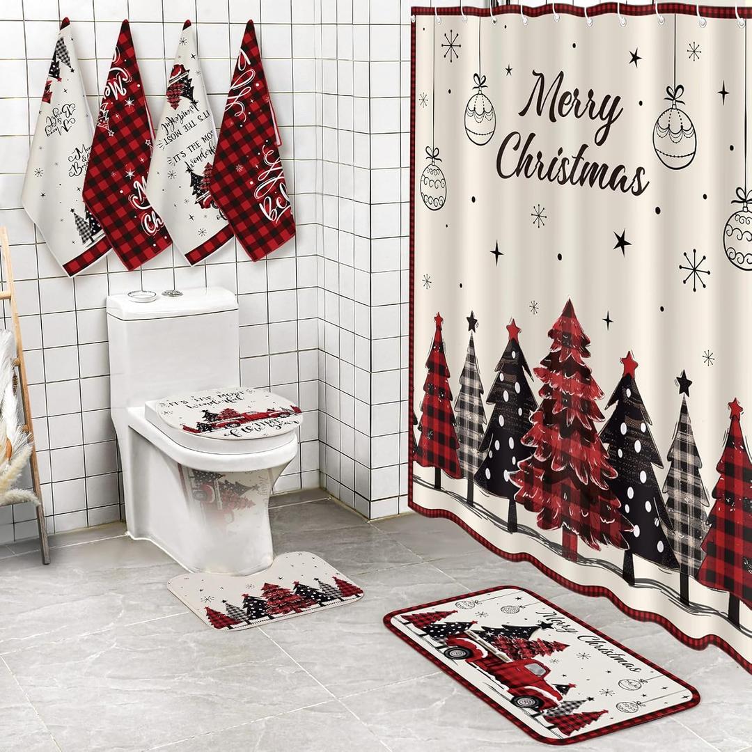 VitalCozy 8 Pcs Christmas Shower Curtain Set Winter Shower Curtains with Red Rug Toilet Mat Lid Cover Towels and Hook for Xmas Bathroom Accessories
