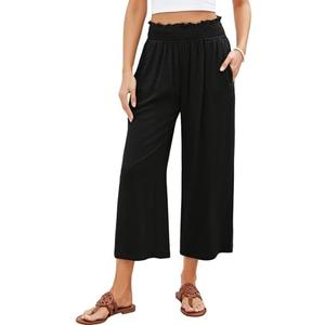 GRAPENT Capri Pants for Women High Waisted Wide Leg Linen Palazzo Trousers Pull On Elastic Smock Waist Loose Flowy Pants, L