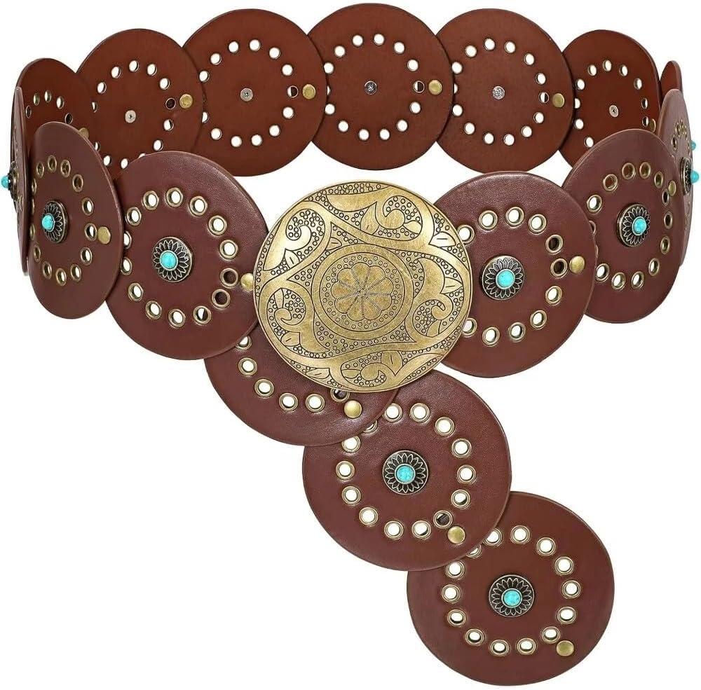 Wide Disc Belt for Women - PU Leather Hollow Out Round Belts Vintage Western Cowboy Cowgirl Waist Belt, Dark Brown, For 31"-34" Waist