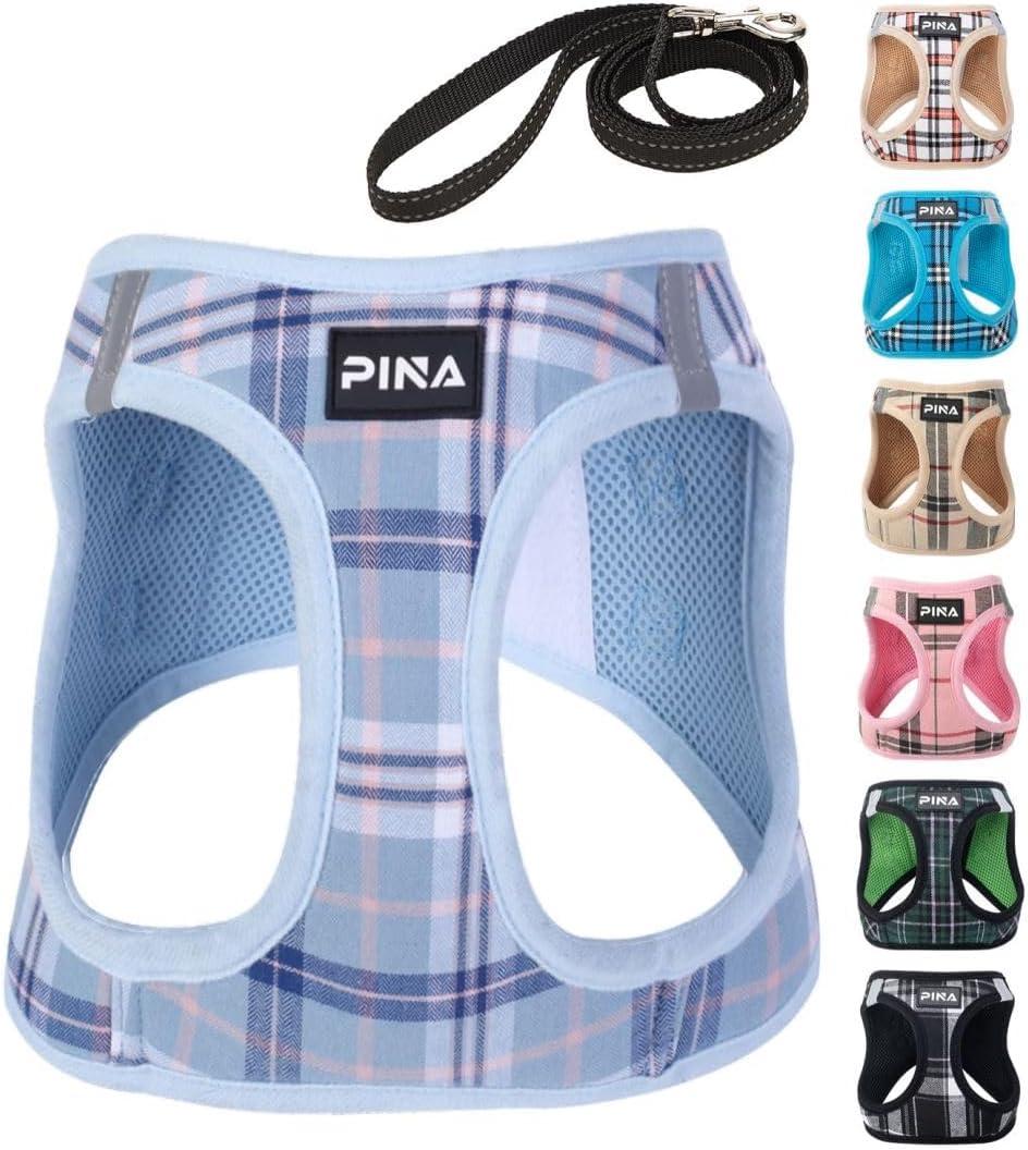 PINA No Pull Dog Harness and Leash Set - Breathable Mesh, Lightweight, Adjustable for Small to Medium Dogs - Easy On and Off, XL, Neck:17-21", Chest:22-24", Blue Plaid