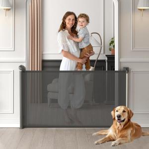 Retractable Baby Gate, Baby Gate for Stairs Auto-Lock, Dog Gates for Doorways Safety, Extends to 34.5x55in, Grey (Gray)