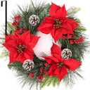 Christmas Wreath for Front Door, 24 Inch Large Outdoor Christmas Wreath with Hangers, Green Pine Xmas Wreath with Red Artificial Poinsettia Flowers for Fireplace Wall Window Home Indoor Decor